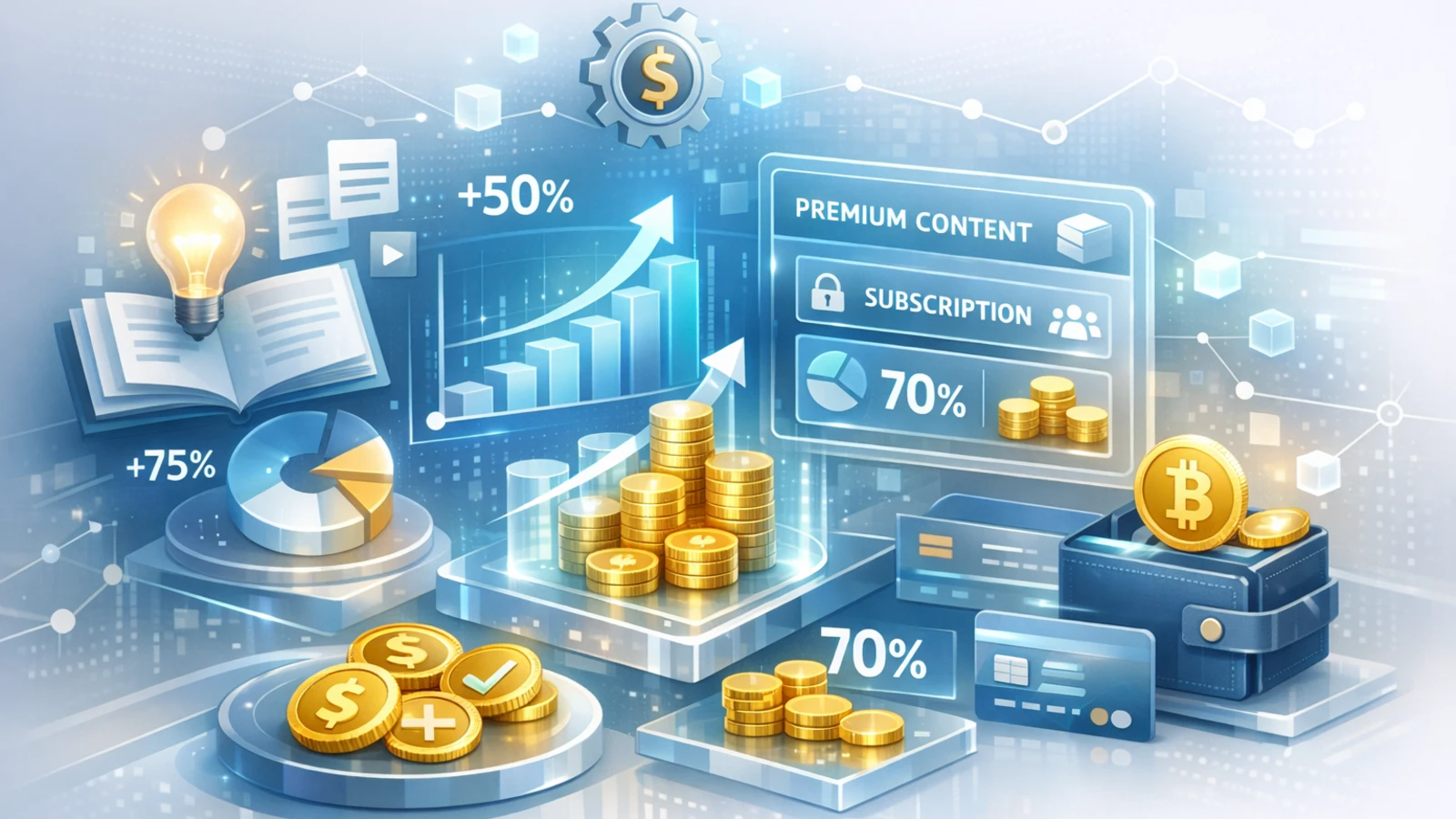 3D ilustracija modela monetizacije – digitalni grafikoni, zlatni novčići i premium sadržaj