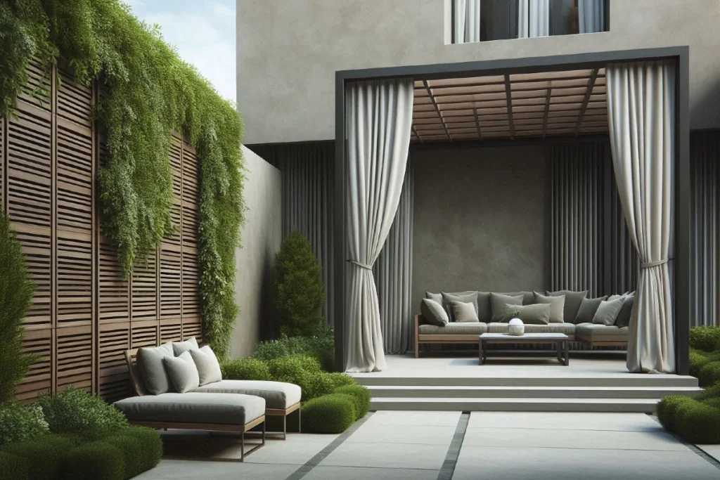 Moderno uređeno dvorište sa zelenilom, drvenim panelima i privatnim kutkom za sedenje.