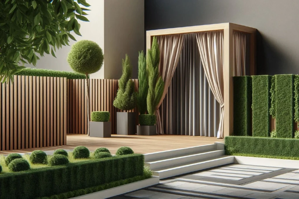 Moderno dvorište sa zelenim zidom, topijarima i drvenim panelima kao zaštitom od pogleda.
