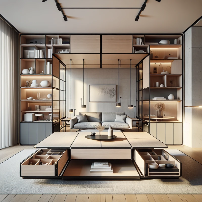 Moderni multifunkcionalni nameštaj u malom stanu: stočić sa fiokama za odlaganje i zidni sistem polica koji maksimalno koristi vertikalni prostor.