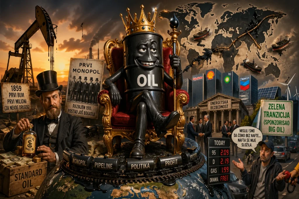 Globalna simbolika moći nafte kroz istoriju i savremenu energetsku geopolitiku i priča o tome kako je nafta osvojila svet.