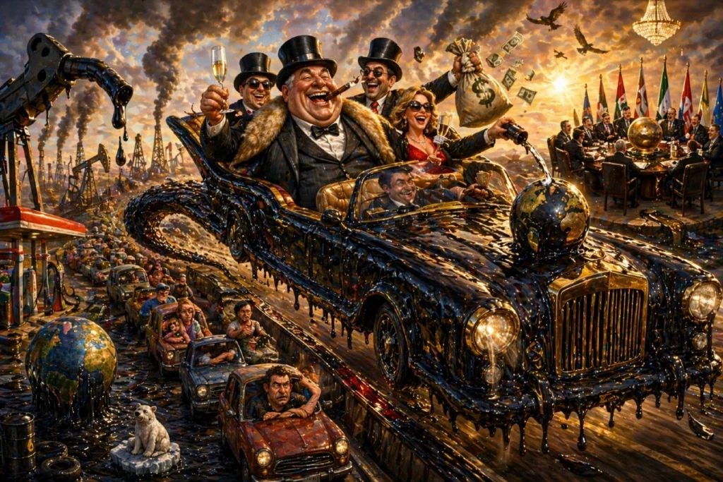 Satiričan prikaz sveta kao benzinske pumpe gde elita uživa u bogatstvu dok ljudi čekaju u redu za gorivo.