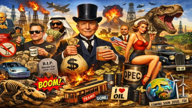 Satirična ilustracija istorije nafte sa humorističnim likovima, memovima i simbolima globalne naftne industrije