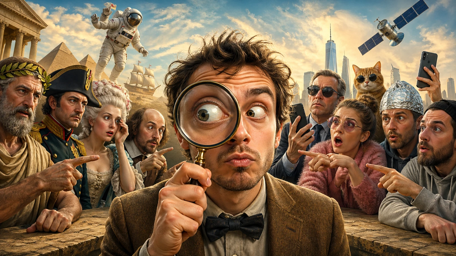 Humoristična ilustracija koja prikazuje sudar istorije i modernog sveta, čovek sa lupom okružen istorijskim ličnostima i savremenim ljudima u apsurdnoj sceni