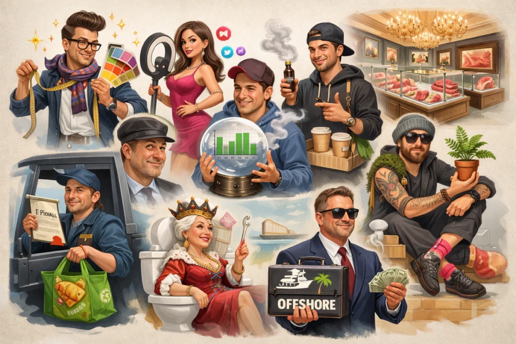 Humoristični kolaž zanimanja nekad i sad – stilista, analitičar, influencer, potrčko, hipster, menadžer transporta, privrednik i higijenski tehničar prikazani kao karikature koje ilustruju rebranding stvarnosti.