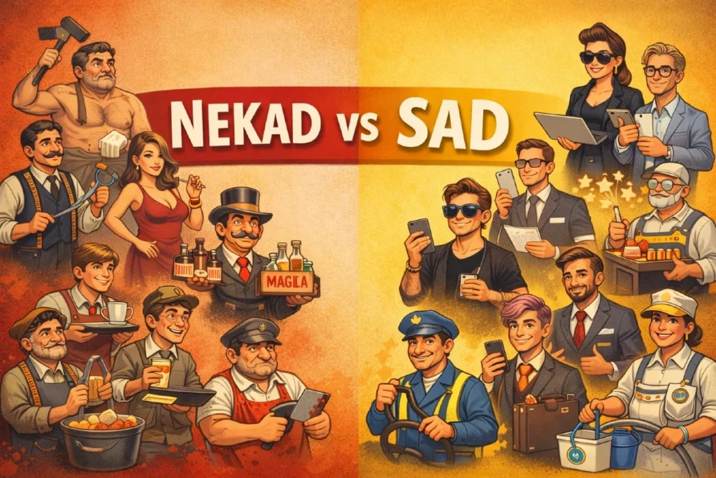 Nekad i sad: 10 zanimanja koja su promenila ime (i smisao, ali ne baš i suštinu) 1 Satirična ilustracija koja prikazuje razliku između zanimanja nekad i sad, sa velikim natpisom „NEKAD vs SAD“ u zaštitnim bojama Sredi‑Uredi.