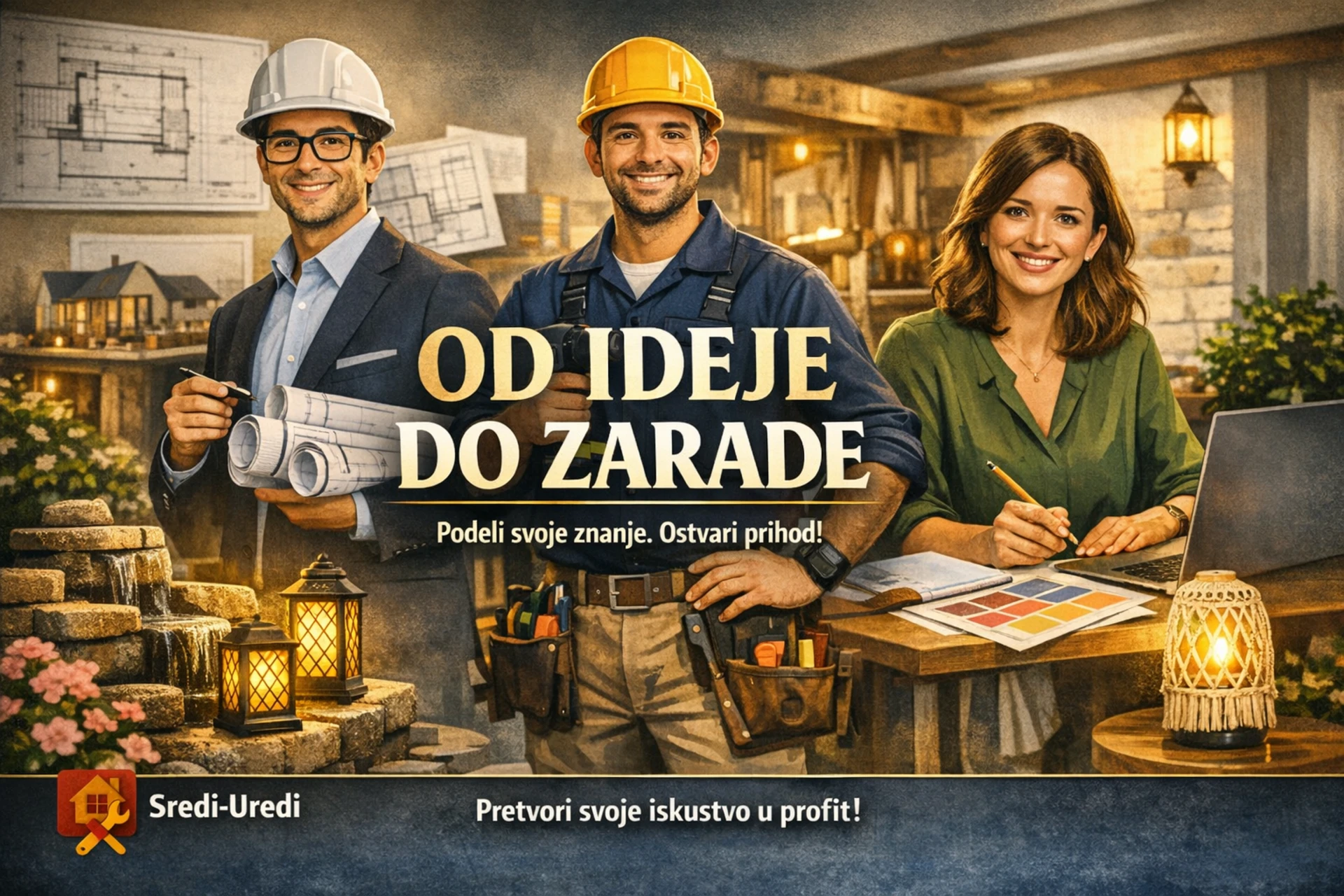 Od ideje do zarade — profesionalci (majstor, arhitekta, dizajnerka) kao simbol programa za autore Sredi‑Uredi.