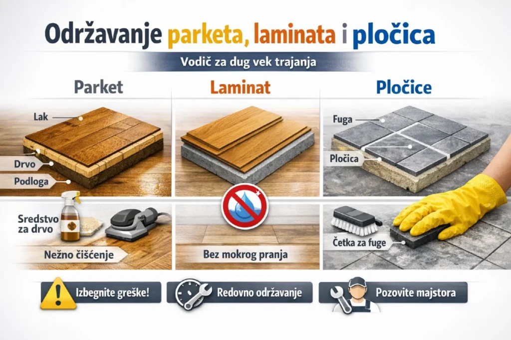 Održavanje parketa, laminata i pločica – infografik sa savetima za čišćenje i dug vek trajanja podova