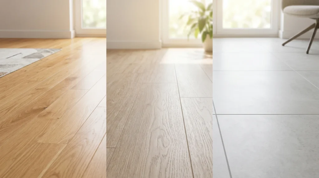 Komparativni prikaz održavanja tri vrste podova: parketa, laminata i keramičkih pločica u modernom domu.