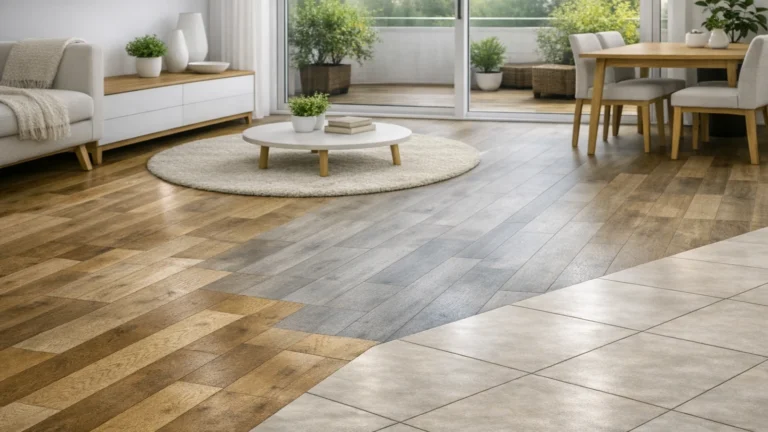 Svetao minimalistički enterijer sa parketom, laminatom i keramičkim pločicama