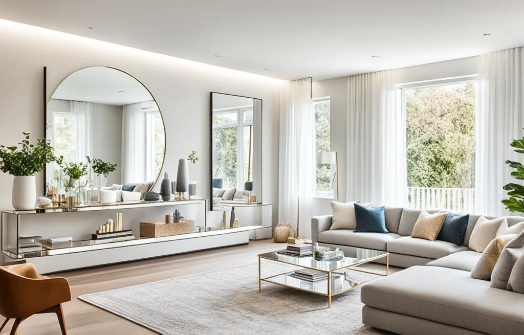 Veliko okruglo ogledalo postavljeno na zid dnevne sobe naspram prozora kako bi reflektovalo svetlost i vizuelno udvostručilo prostor u malom stanu.