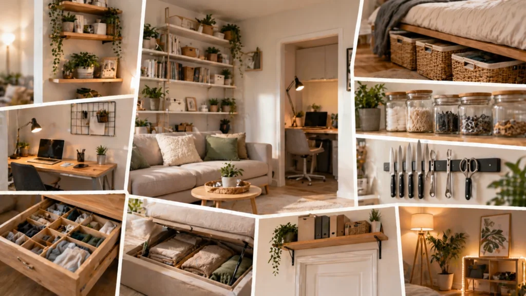 Pametna organizacija malog prostora – vertikalne police, kutije ispod kreveta, organizovane fioke i multifunkcionalni nameštaj u modernom enterijeru