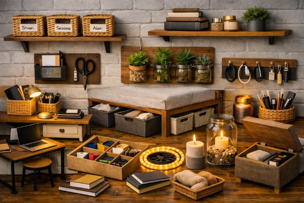 Uredan mali prostor sa policama, korpama, teglicama i rasvetom — 10 pametnih rešenja za male prostore.
