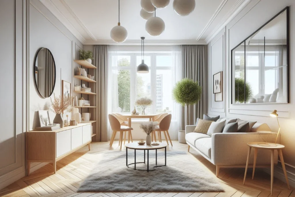 Otvoreni koncept malog stana gde su dnevna soba i trpezarija vizuelno odvojene pomoću tepiha, različite rasvete i strateškog rasporeda nameštaja.