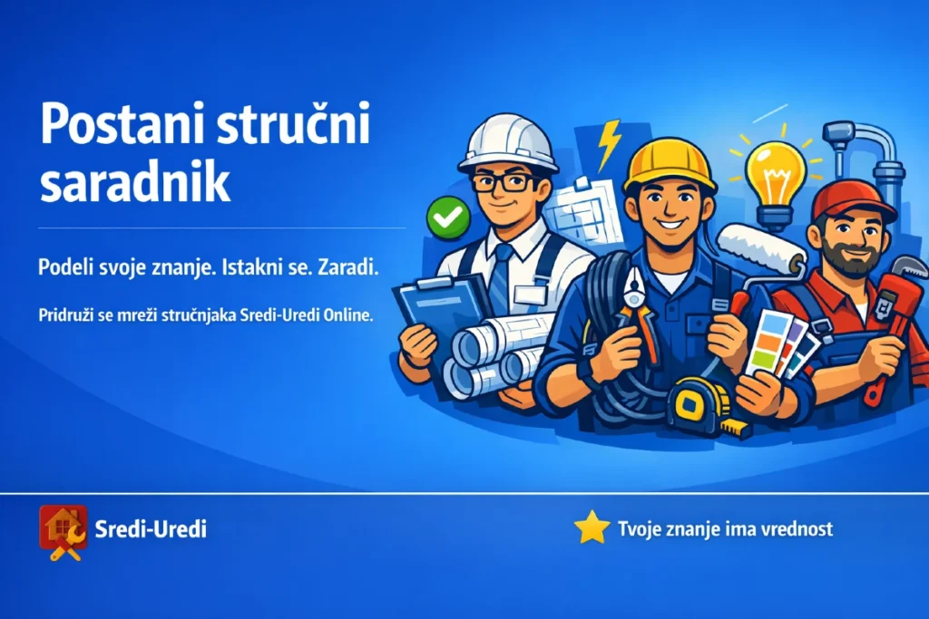 Od ideje do zarade - Ilustracija stručnjaka — majstor, arhitekta i tehničar kao poziv da postanete stručni saradnik Sredi‑Uredi portala.