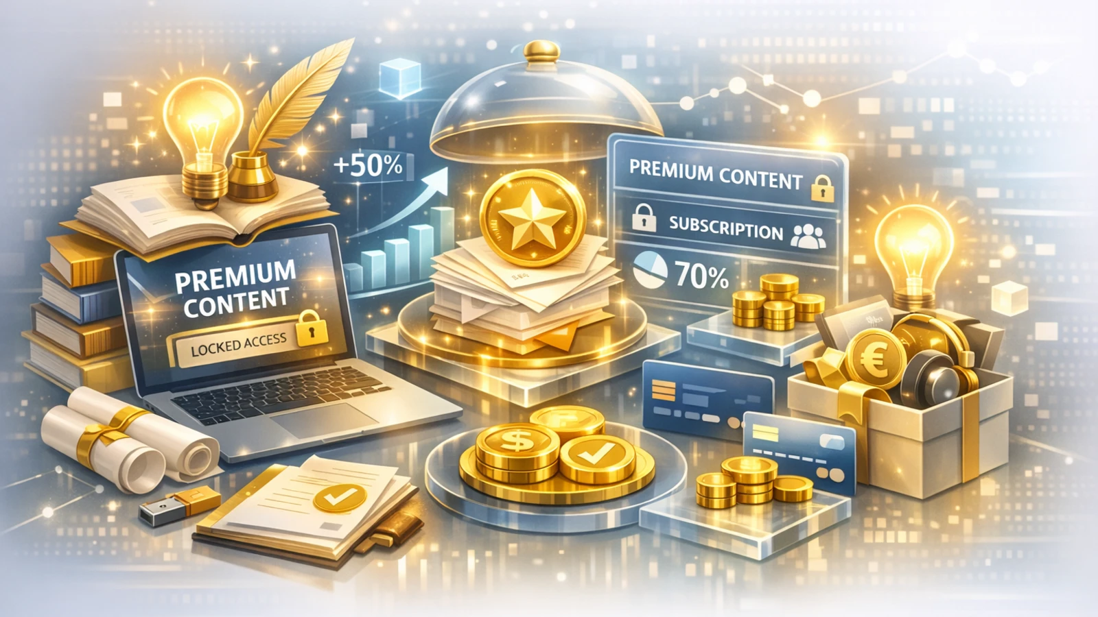Premium objava - 3D ilustracija – ekskluzivan digitalni sadržaj, zlatni tokeni i simboli zarade