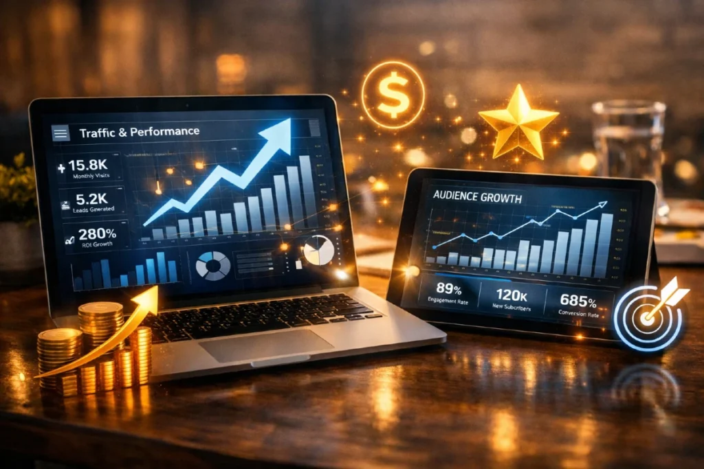 Laptop i tablet sa prikazom analitičkih grafikona, zlatnim ikonama uspeha i simbolima rasta brenda u premium poslovnom ambijentu.