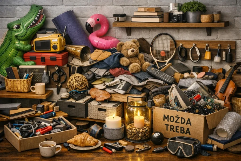 Satirična 3D editorial scena pretrpanog malog prostora sa kutijama, kablovima, biljkama i improvizovanim rešenjima.