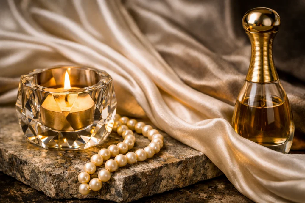 Senzualni detalj luksuznog enterijera – kristalna sveća, biseri, parfem i svilena tkanina u toplom svetlu.