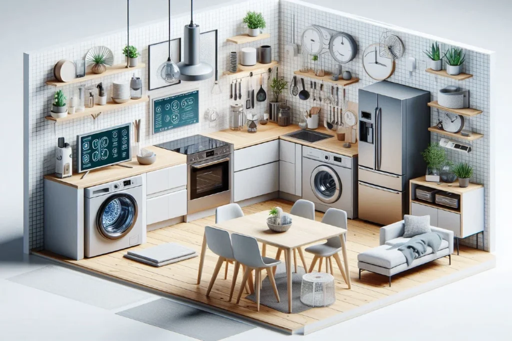 Moderna kompaktna kuhinja sa smart kućnim aparatima i digitalnim displejima
