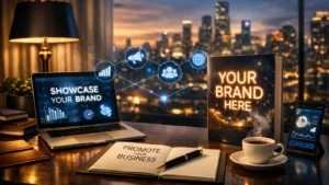 Premium poslovni ambijent sa laptopom, brošurom „Your Brand Here“ i holografskim ikonama koje simbolizuju digitalni marketing i brendiranje.