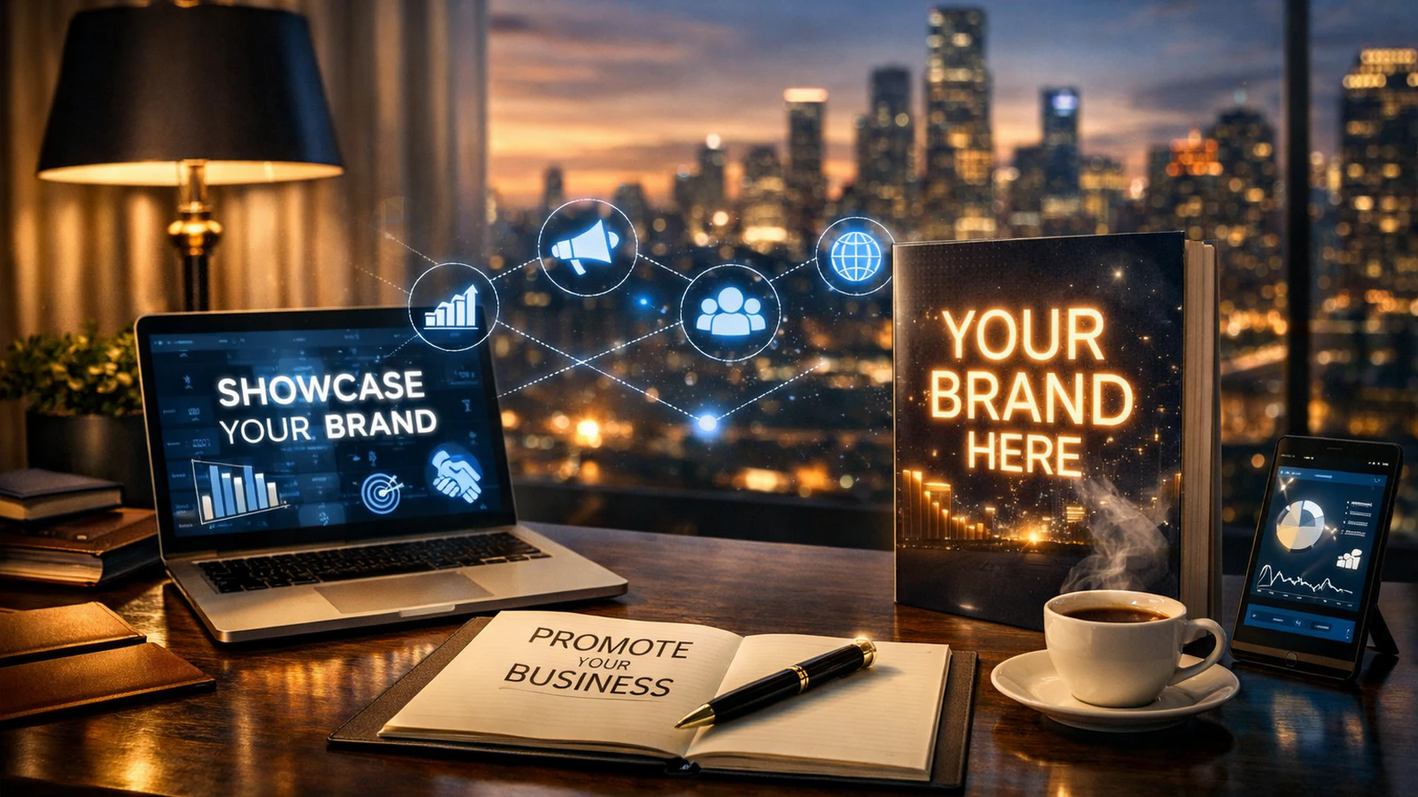 Premium poslovni ambijent sa laptopom, brošurom „Your Brand Here“ i holografskim ikonama koje simbolizuju digitalni marketing i brendiranje.