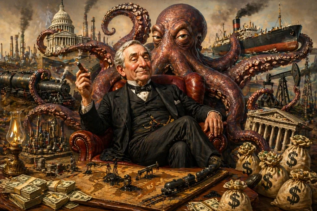 Satiričan prikaz monopola u naftnoj industriji gde industrijalac kontroliše ekonomiju, politiku i transport poput hobotnice