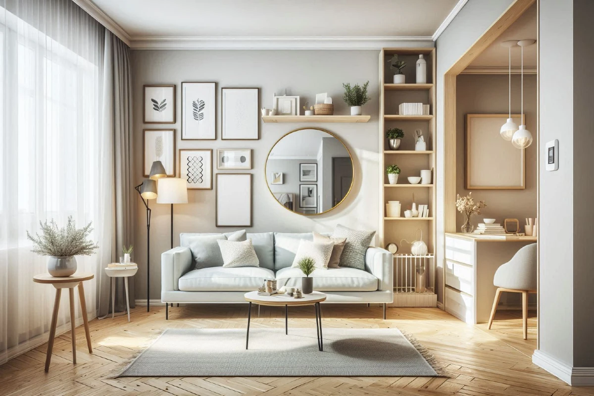 Svetla dnevna soba u skandinavskom stilu sa velikim ogledalom, svetlim nameštajem i radnim kutkom, koja pokazuje kako vizuelno povećati mali stan.