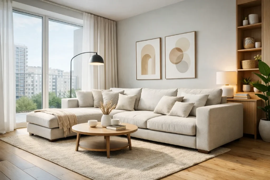 Ugaona garnitura u modernoj dnevnoj sobi sa prirodnim svetlom i minimalističkim dekorom.