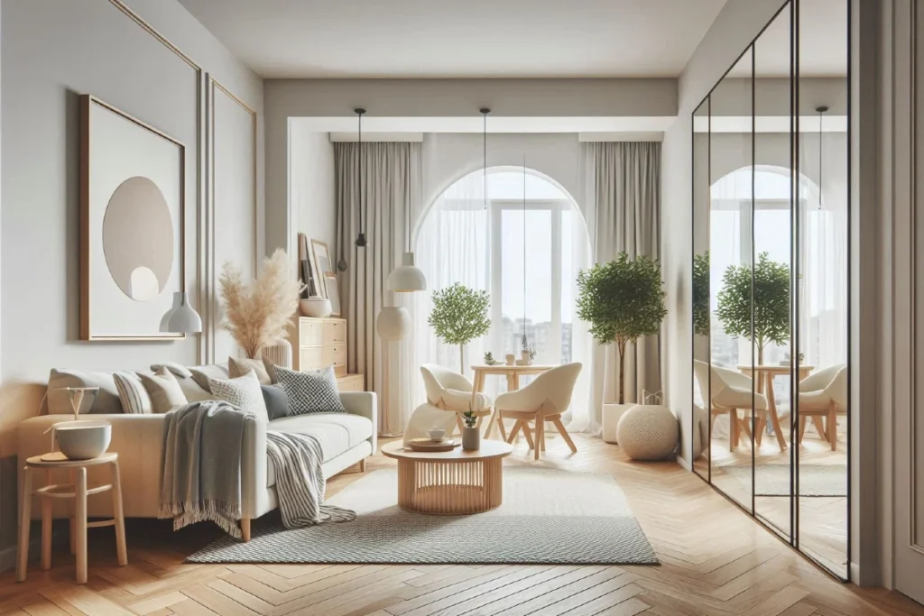 Svetao moderan dnevni boravak sa velikom umetničkom slikom na zidu i visokim sobnim biljkama, što ilustruje pravilo korišćenja krupnih dekoracija u malom stanu.