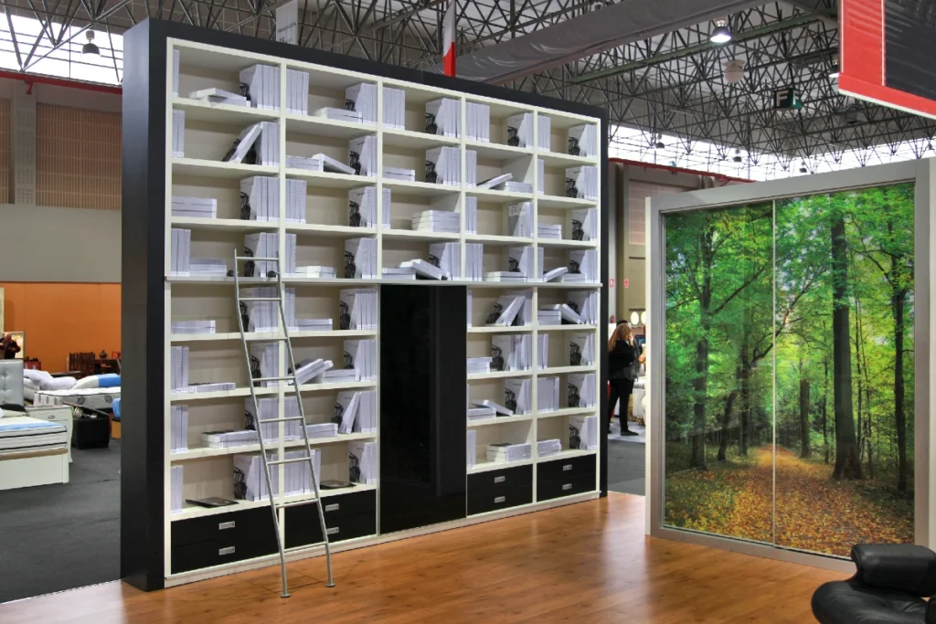 Velika moderna polica od poda do plafona sa merdevinama koja koristi vertikalne linije za vizuelno podizanje prostora.