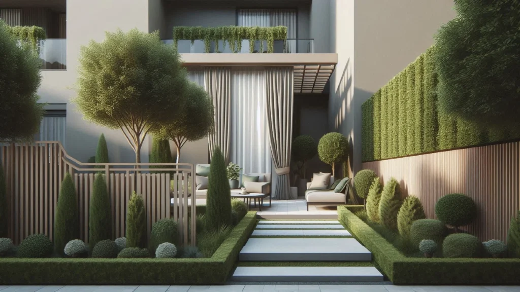 Privatno moderno dvorište sa zelenilom, ogradom i uređenim prostorom ispred kuće.