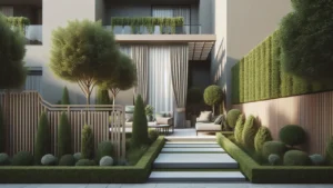 Privatno moderno dvorište sa zelenilom, ogradom i uređenim prostorom ispred kuće.