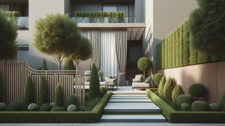 Privatno moderno dvorište sa zelenilom, ogradom i uređenim prostorom ispred kuće.