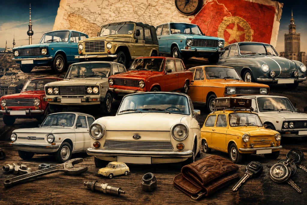 14 istočnoevropskih automobila koje pamtimo bolje nego neke bivše ljubavi – kolaž retro vozila kao što su Trabant, Lada, Yugo, Fića i Wartburg u vintage editorial stilu