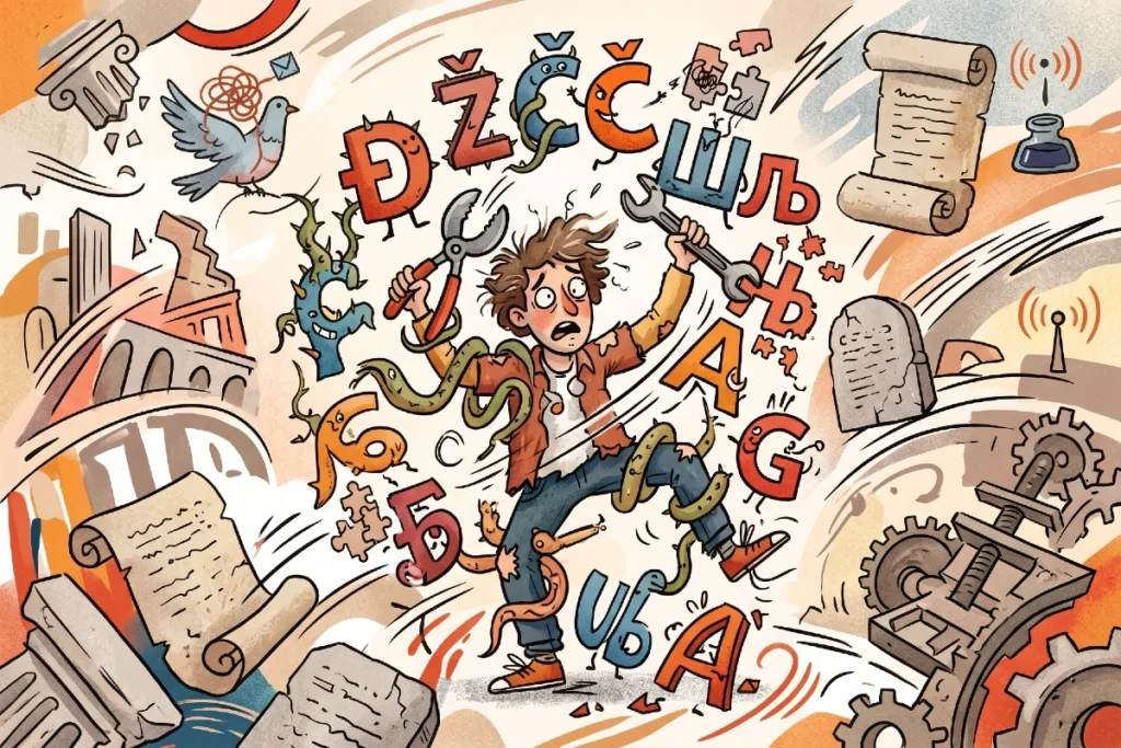 30 slova koja prave problem, nula logike 2 Ilustracija za članak 30 slova koja prave problem i nula logike – haotičan raspored balkanske azbuke u stilu sredi-uredi ventil.