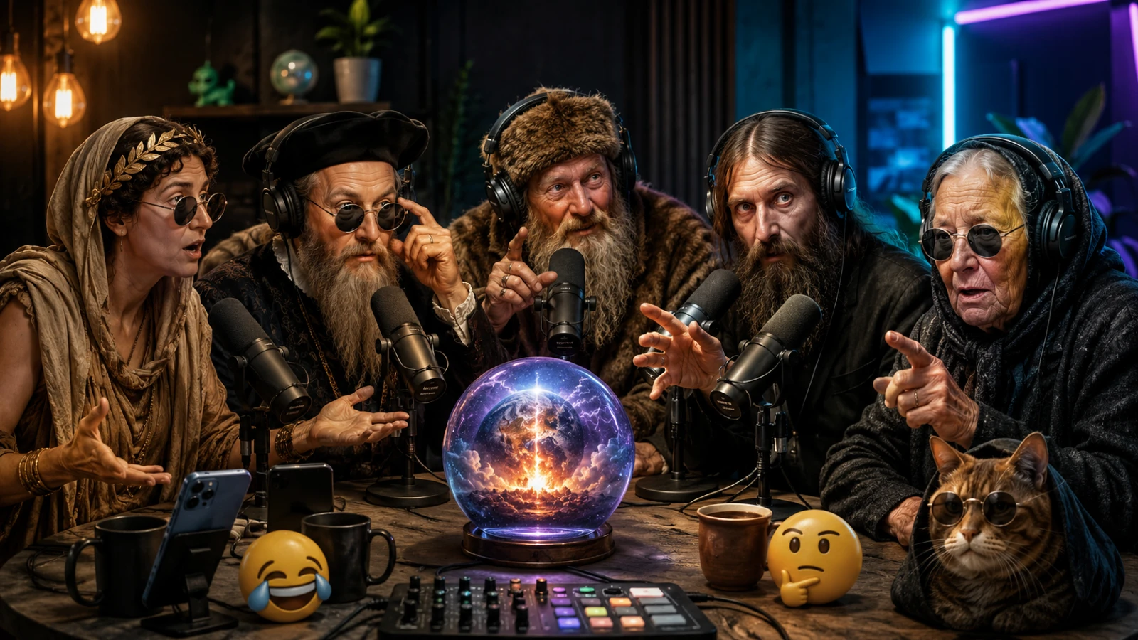 5 proroka koji bi danas imali podkast u modernom podcast studiju sa mikrofonima i futurističkom atmosferom