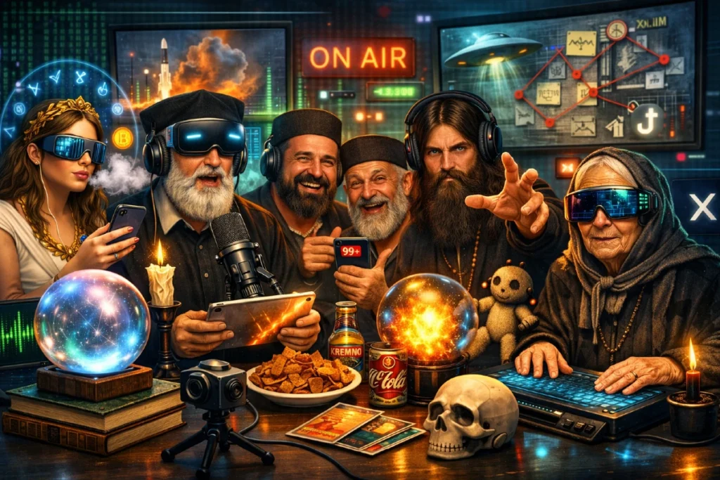 5 proroka koji bi danas imali podkast 2 5 proroka u digitalnom haosu – satirična ilustracija u VENTIL stilu