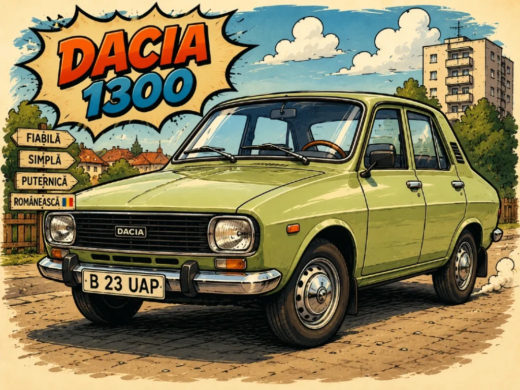 Karikaturalni prikaz modela Dacia 1300 u retro comic ilustrativnom stilu sa vintage istočnoevropskim automobilom