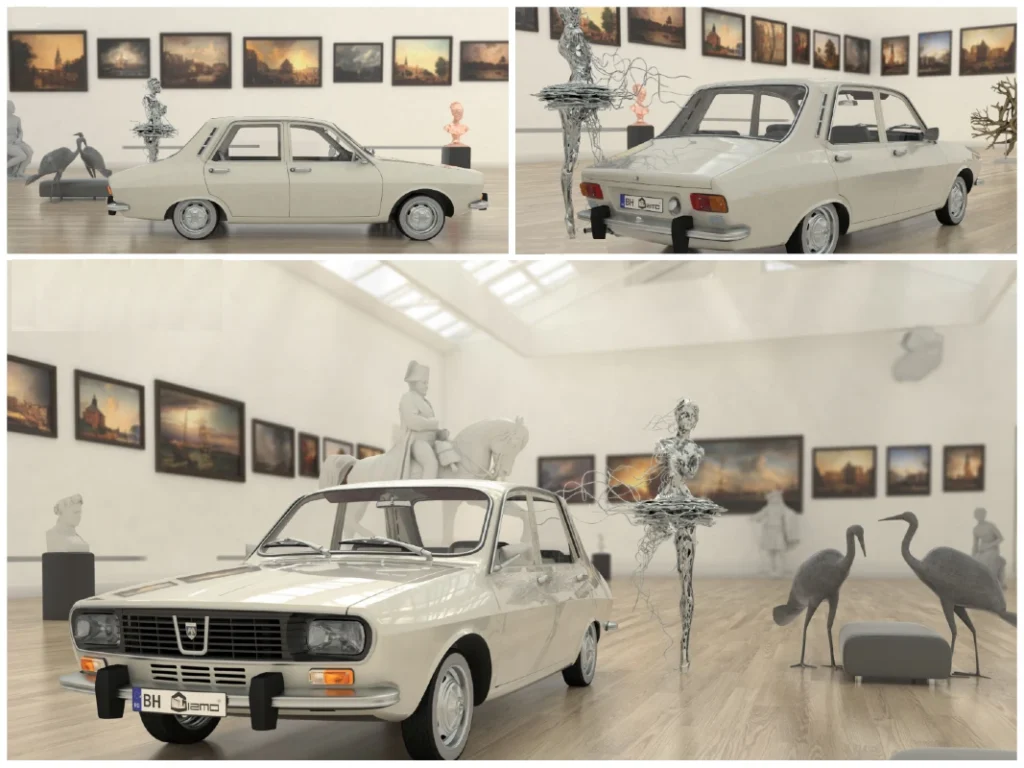 Dacia 1300 — retro rumunska limuzina iz doba hroma, dima i karaktera, prikazana u galerijskom ambijentu