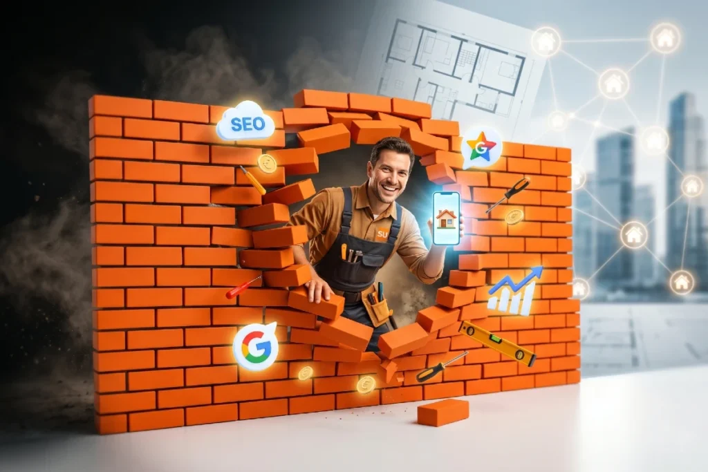 Marketing 1 Majstor se probija kroz zid od cigle držeći telefon sa ikonicama za SEO, Google, grafikone rasta i novčiće, simbolizujući digitalni marketing za građevinske firme i zanatlije na portalu Sredi-Uredi.