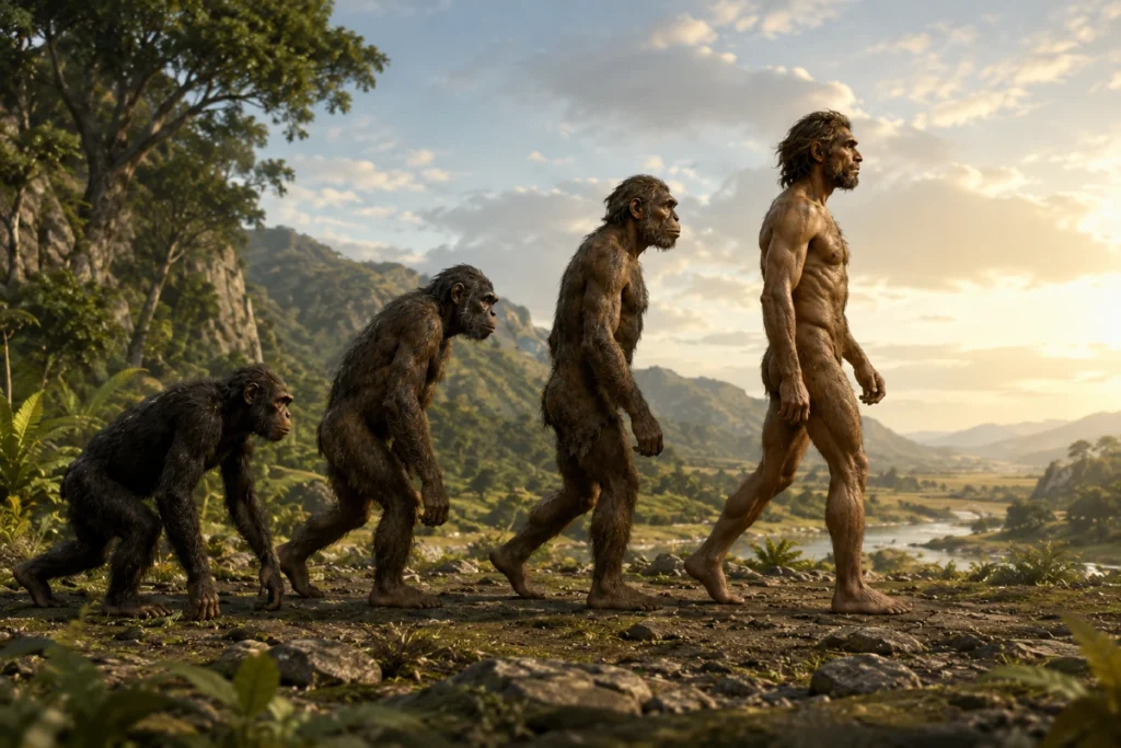 Evolucija ljudske vrste u 3 koraka 2 Evolucija ljudske vrste u 3 koraka prikazuje majmuna koji prvi put ustaje i započinje razvoj čoveka