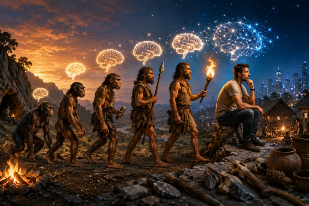Evolucija ljudske vrste u 3 koraka 3 Evolucija ljudske vrste u 3 koraka prikazuje razvoj mozga od Homo erectusa do modernog čoveka