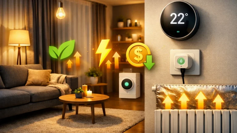 Moderan stan sa pametnim termostatom, LED sijalicama, reflektujućom folijom i ikonama štednje energije — energetska efikasnost stana
