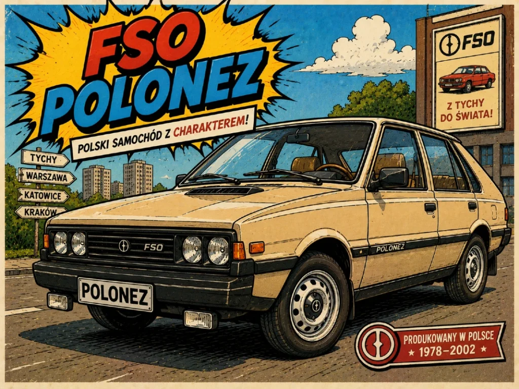 Karikaturalni prikaz modela FSO Polonez u retro comic ilustrativnom stilu sa vintage poljskim automobilom