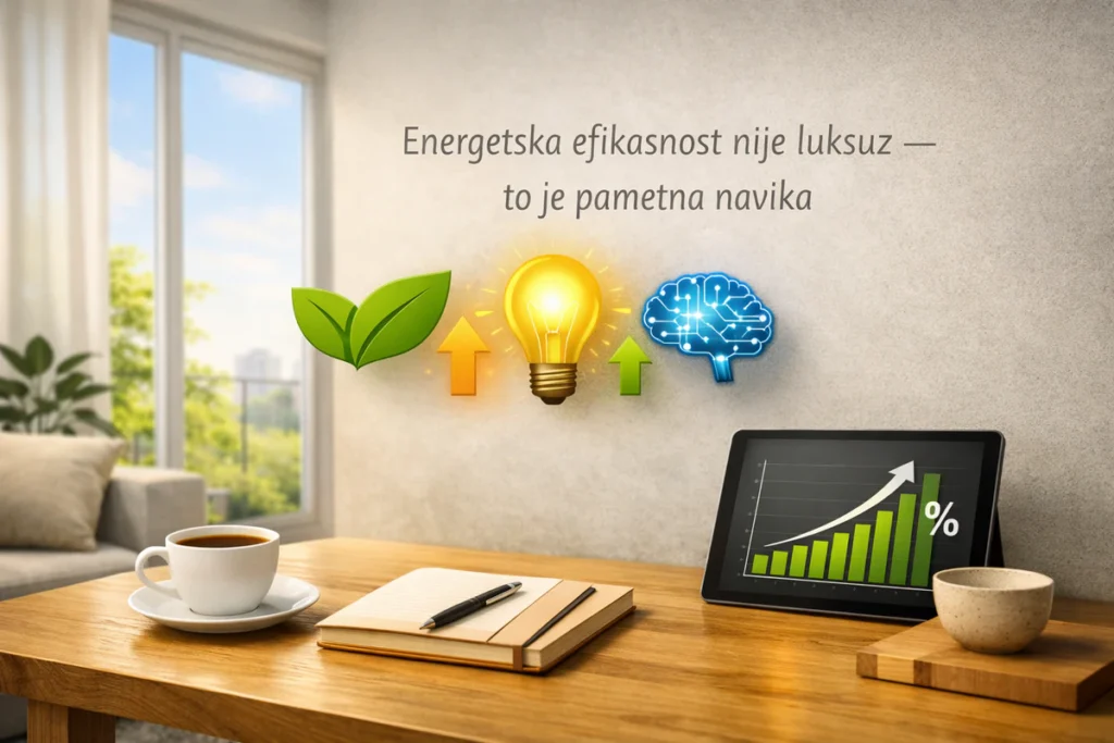 Energetska efikasnost stana — 11 brzih načina za poboljšanje uz male troškove 4 Minimalistički sto sa tabletom, šoljom kafe i tekstom „Energetska efikasnost nije luksuz — to je pametna navika“