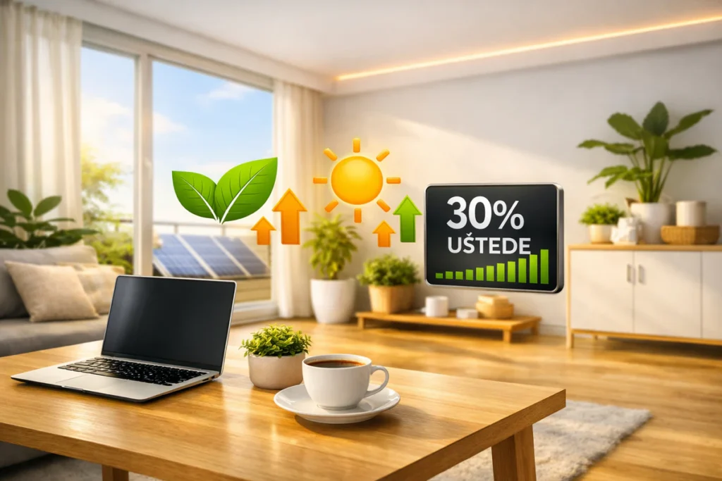 Energetska efikasnost stana — 11 brzih načina za poboljšanje uz male troškove 1 Svetao moderan stan sa biljkama, solarnim panelima i digitalnim ekranom koji prikazuje 30% uštede — energetska efikasnost stana