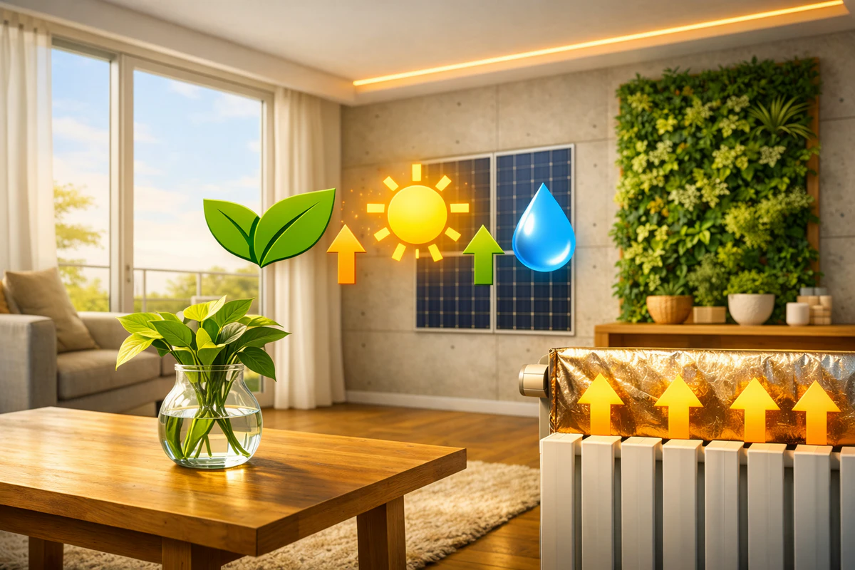 Energetska efikasnost stana — 11 brzih načina za poboljšanje uz male troškove 3 Solarni paneli, zeleni vertikalni vrt i biljka u staklenoj vazi — održiva energetska efikasnost stana