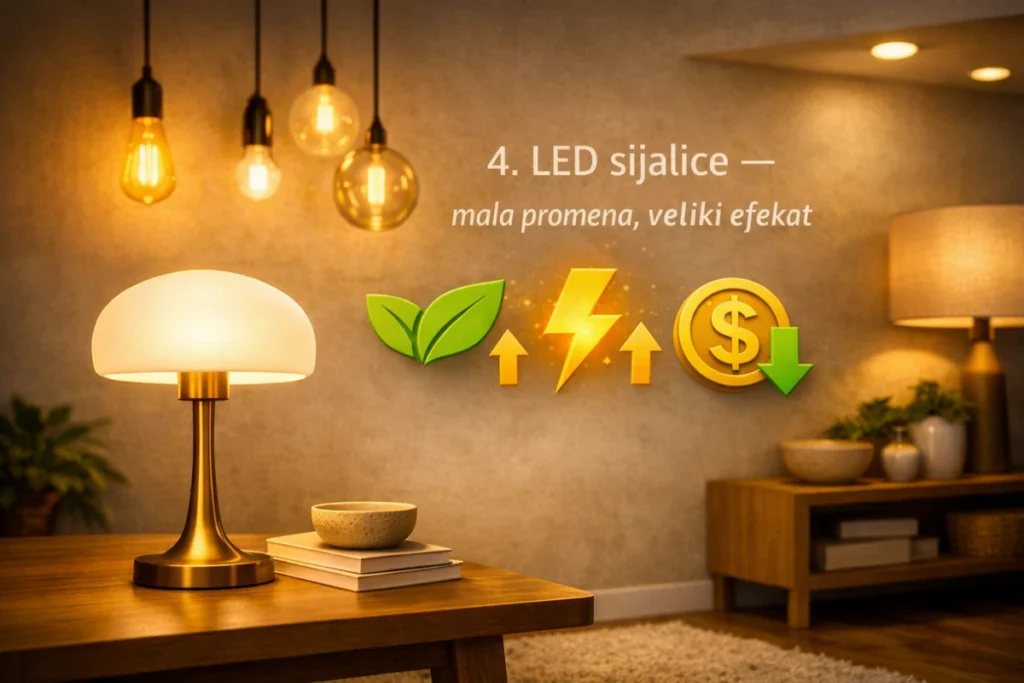 Energetska efikasnost stana — 11 brzih načina za poboljšanje uz male troškove 2 LED sijalice u modernom enterijeru — toplo osvetljenje i ikone štednje energije