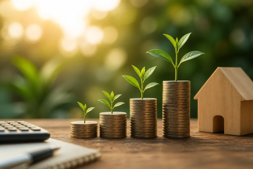 Invest zašto - rastuće gomile novčića sa biljkama koje simbolizuju rast investicija i model ulaganja uz drvenu kućicu koja predstavlja stabilnost i sigurnost.